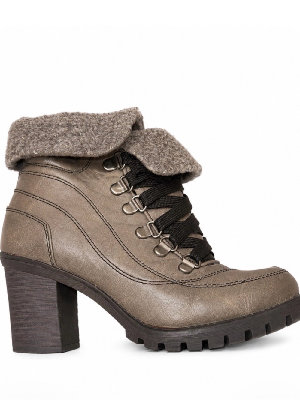 Gray Lug-Heel Faux-Fur Ankle Boot Lug Sole combat moto block heel lace up SZ 6